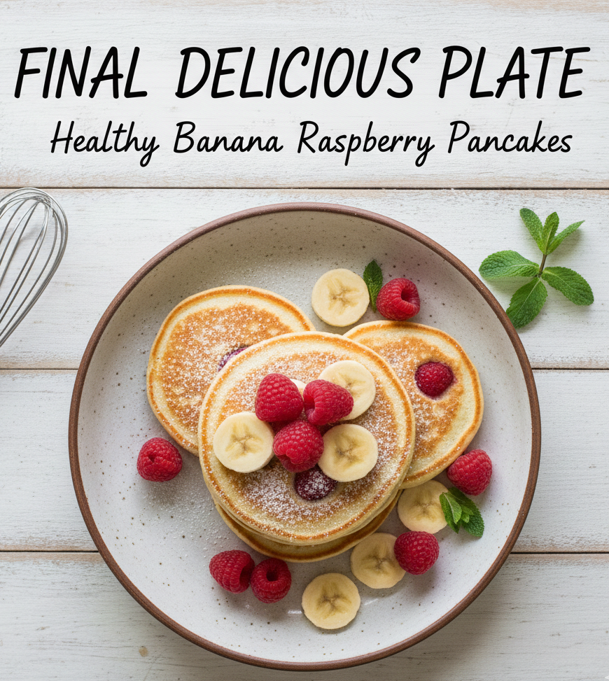 Homemade healthy banana raspberry pancakes for toddlers garnished with fresh fruit
