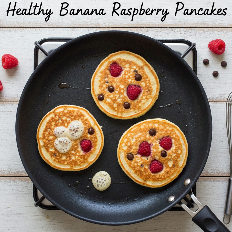 healthy banana raspberry pancakes on a non-stick griddle for a quick breakfast