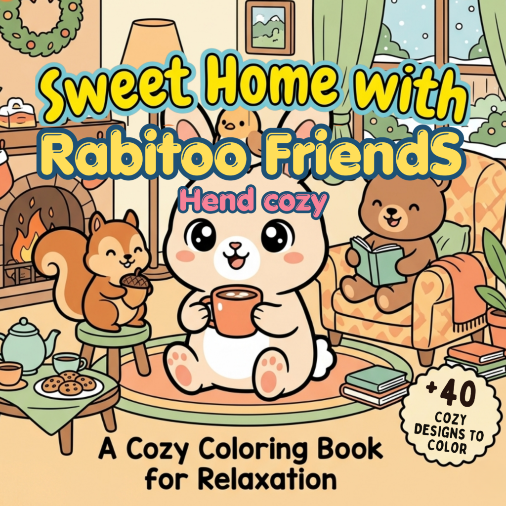 Sweet Home with Rabitoo Friends: A Cozy Kawaii Coloring Book for Relaxation, Stress Relief, and Fun Activity for Kids and Adults.